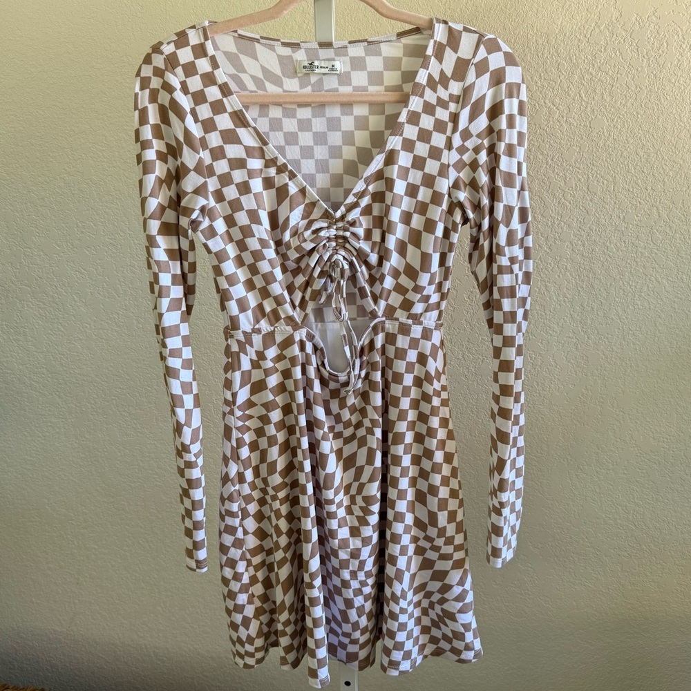Hollister Long Sleeve Dress Brown White Checkered Tie Front Size M Y2K Stretch